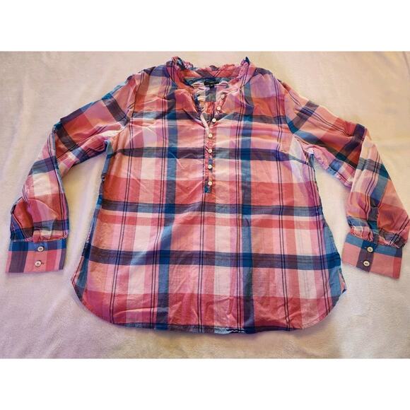 Talbots Tops - Talbots Cotton Popover Ruffle Blouse Pink Top Plaid Long Sleeve Size MP